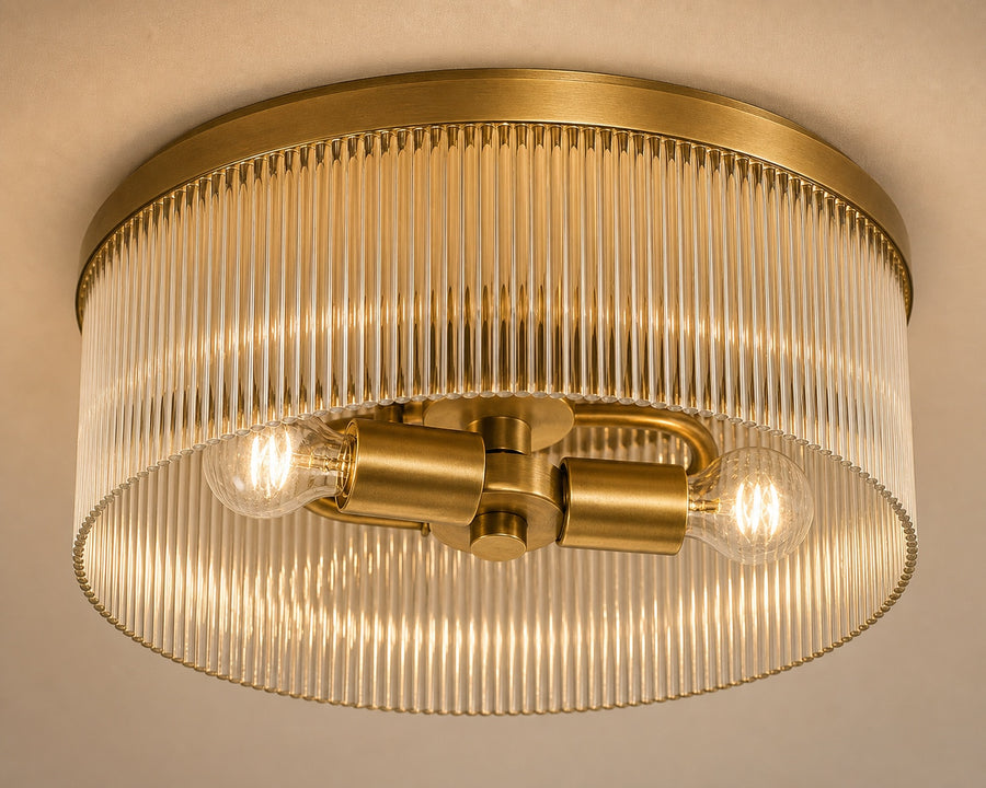 Close detail of the ribbed glass shade lit