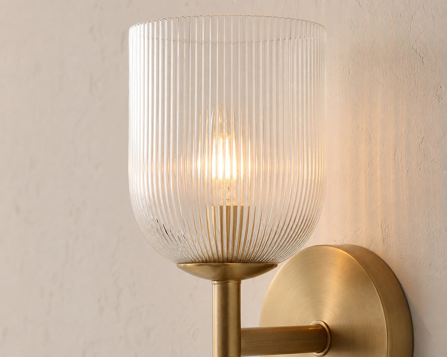Close detail of the clear ribbed glass with the bulb visible