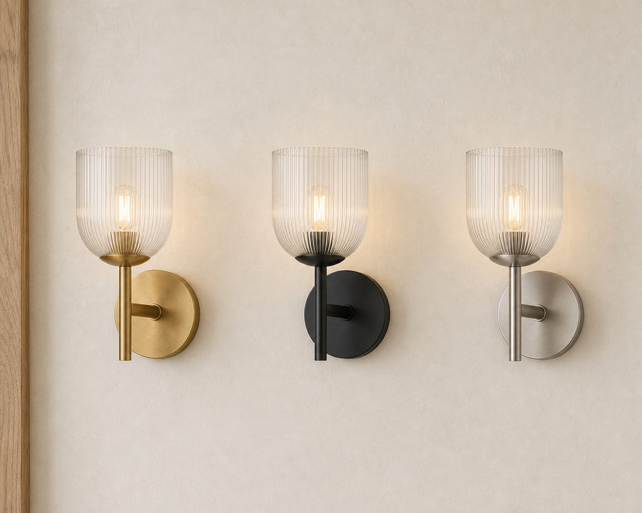 The fixture shown mounted up and down, in the three finishes