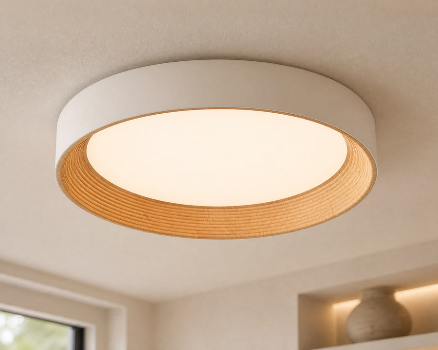 The slim flush mount lit, close against the ceiling
