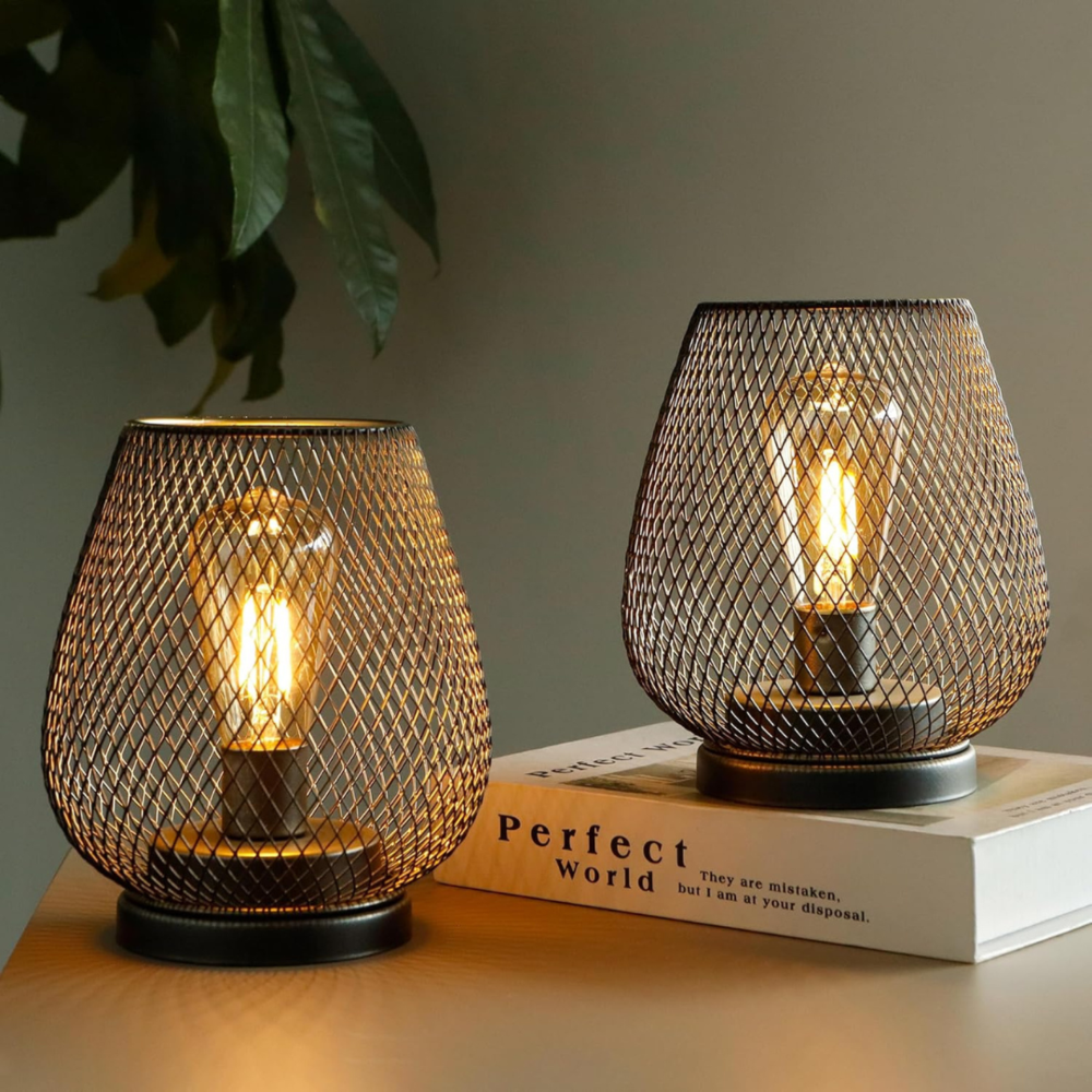 Modern Cordless Iron Mesh Lamp Set of 2 - Portable Lighting Fixtures for Indoor & Outdoor Use Lamps