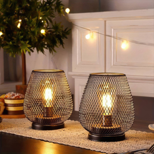 Modern Cordless Iron Mesh Lamp Set of 2 - Portable Lighting Fixtures for Indoor & Outdoor Use Lamps