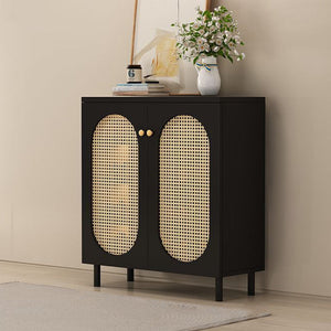 Modern Minimalist 4-Tier Shoe Storage Cabinet with Rattan & Glass Organizer for Entryway Shoe Storage