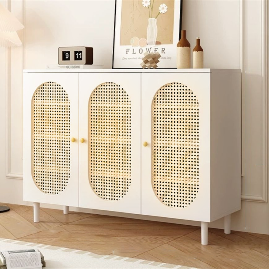 Modern Minimalist 4-Tier Shoe Storage Cabinet with Rattan & Glass Organizer for Entryway Shoe Storage