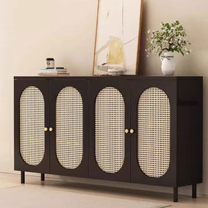 Modern Minimalist 4-Tier Shoe Storage Cabinet with Rattan & Glass Organizer for Entryway Shoe Storage