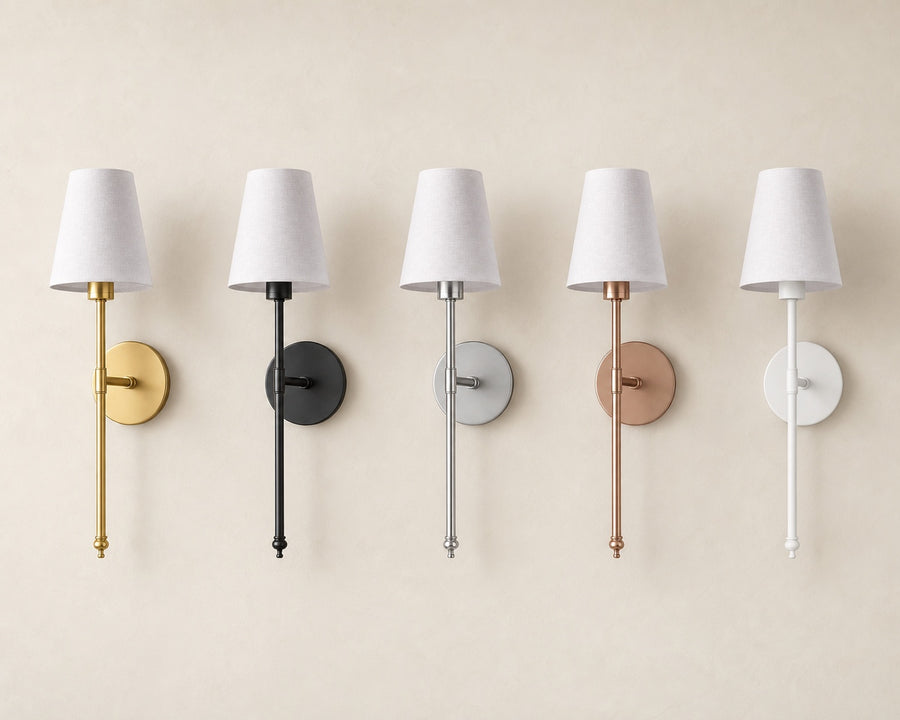 The sconce shown in its five finishes