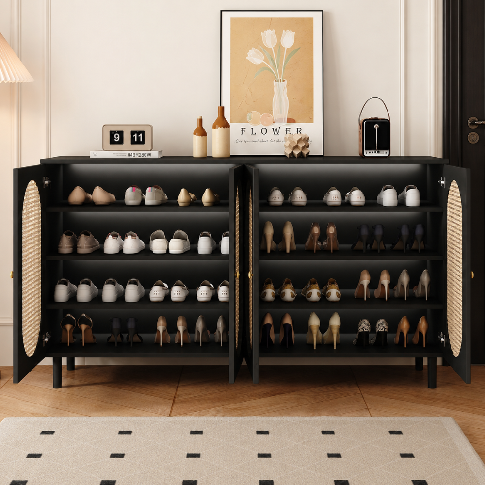 Modern Minimalist 4-Tier Shoe Storage Cabinet with Rattan & Glass Organizer for Entryway Shoe Storage