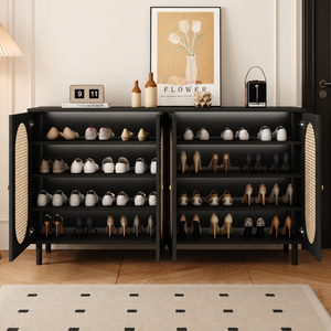Modern Minimalist 4-Tier Shoe Storage Cabinet with Rattan & Glass Organizer for Entryway Shoe Storage