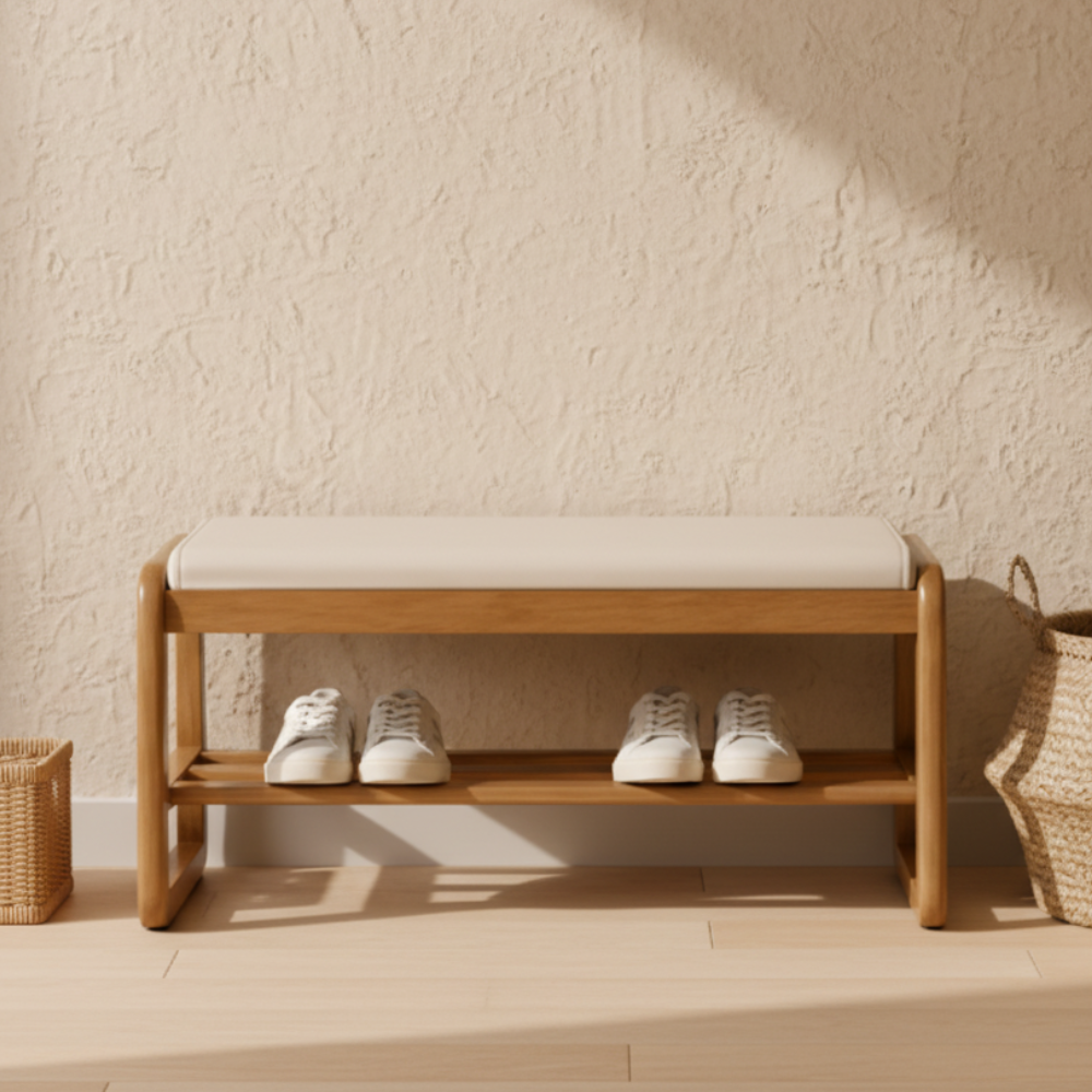Scandinavian Shoe Rack Storage - Solid Wood with Tech Cloth Top for Entryways Shoe Storage