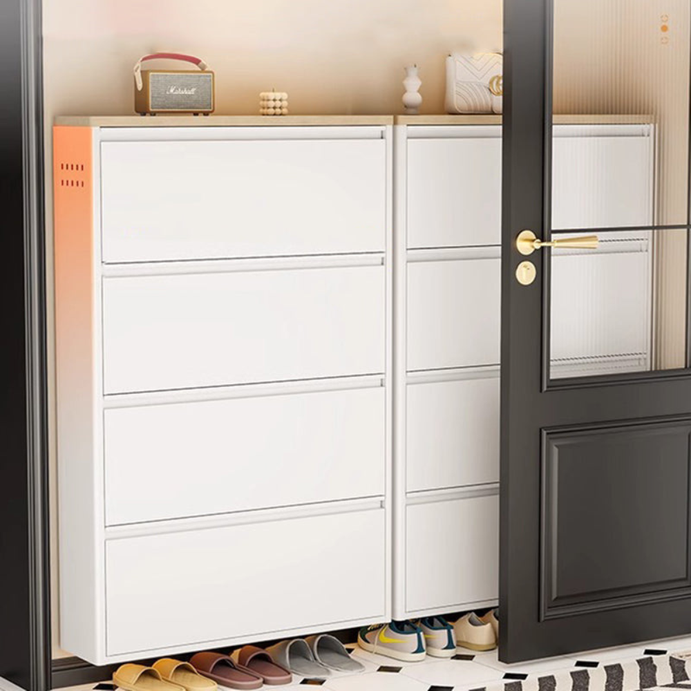 Modern Minimalist Shoe Storage Cabinet - Slim Steel Organizer with Drawers Shoe Storage