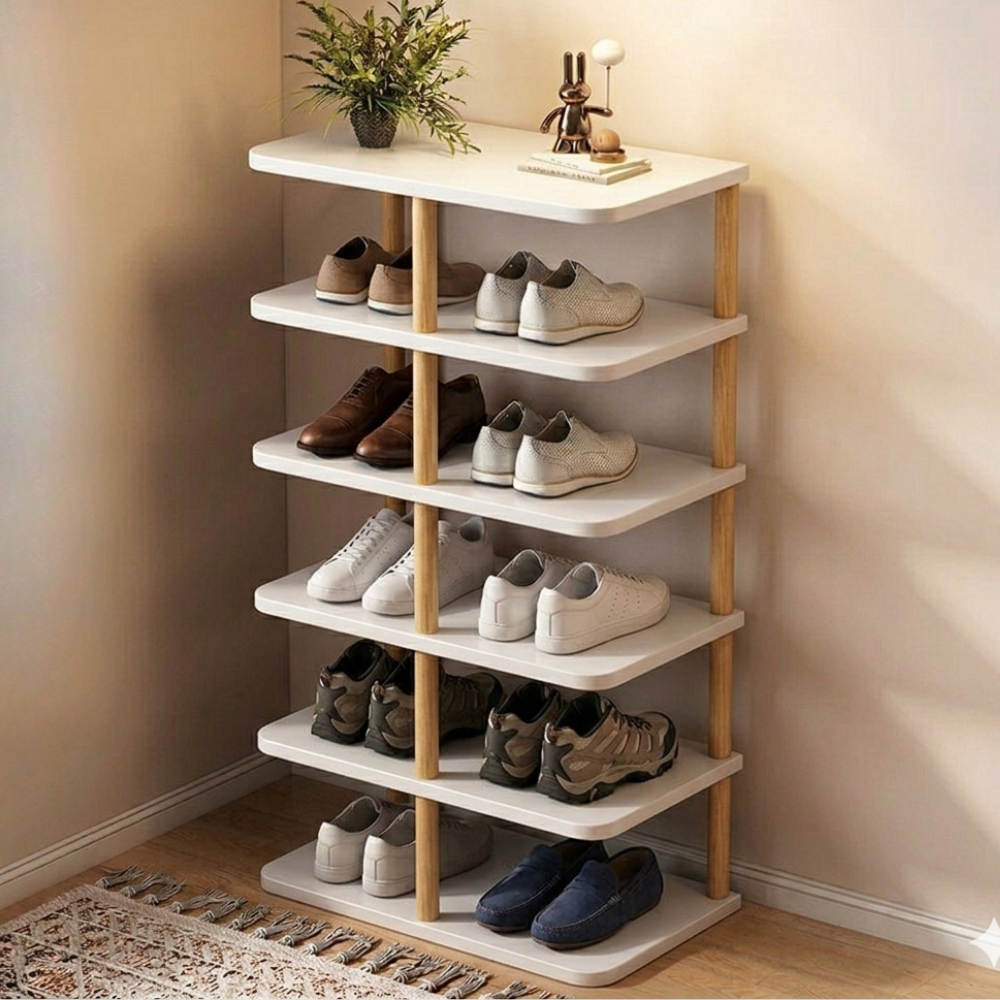 Modern Minimalist Shoe Rack - 6/7 Tier PVC & Wood Shoe Organizer Shoe Storage