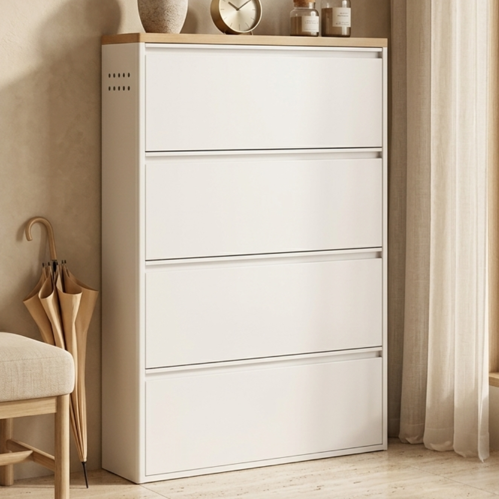 Modern Minimalist Shoe Storage Cabinet - Slim Steel Organizer with Drawers Shoe Storage
