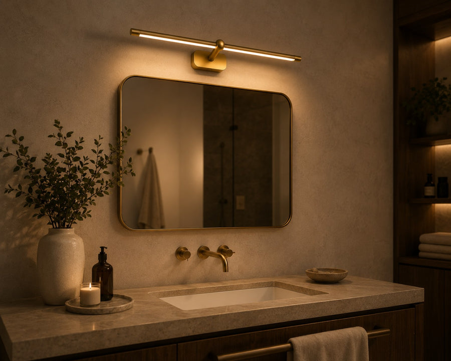 The linear lamp above a vanity mirror