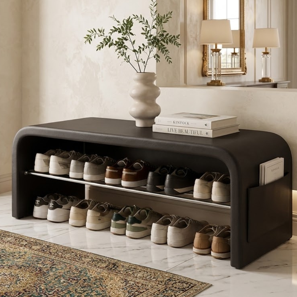 Scandinavian Shoe Storage Bench - 1-Tier Faux Leather Shoe Rack for Entryway Shoe Storage Benches