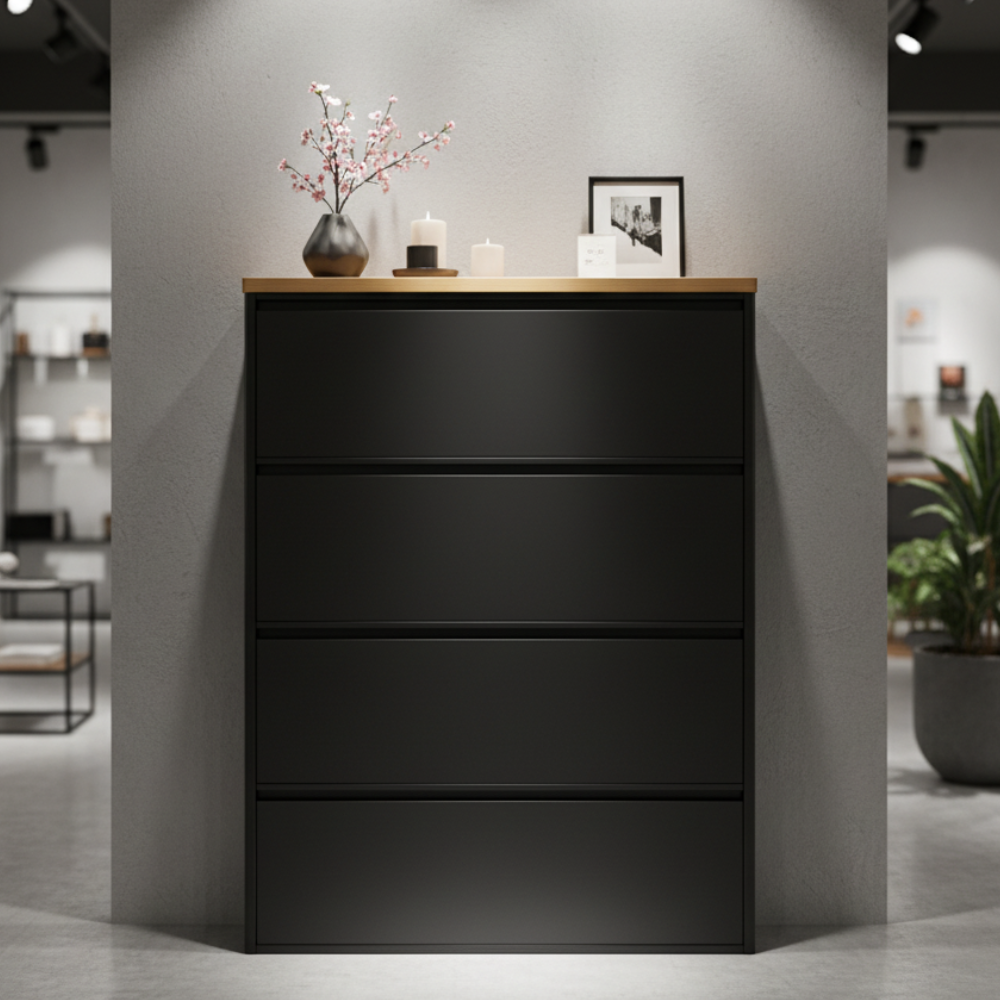 Modern Minimalist Shoe Storage Cabinet - Slim Steel Organizer with Drawers Shoe Storage