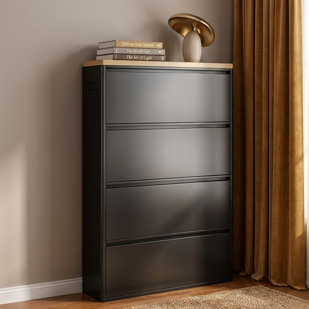 Modern Minimalist Shoe Storage Cabinet - Slim Steel Organizer with Drawers Shoe Storage