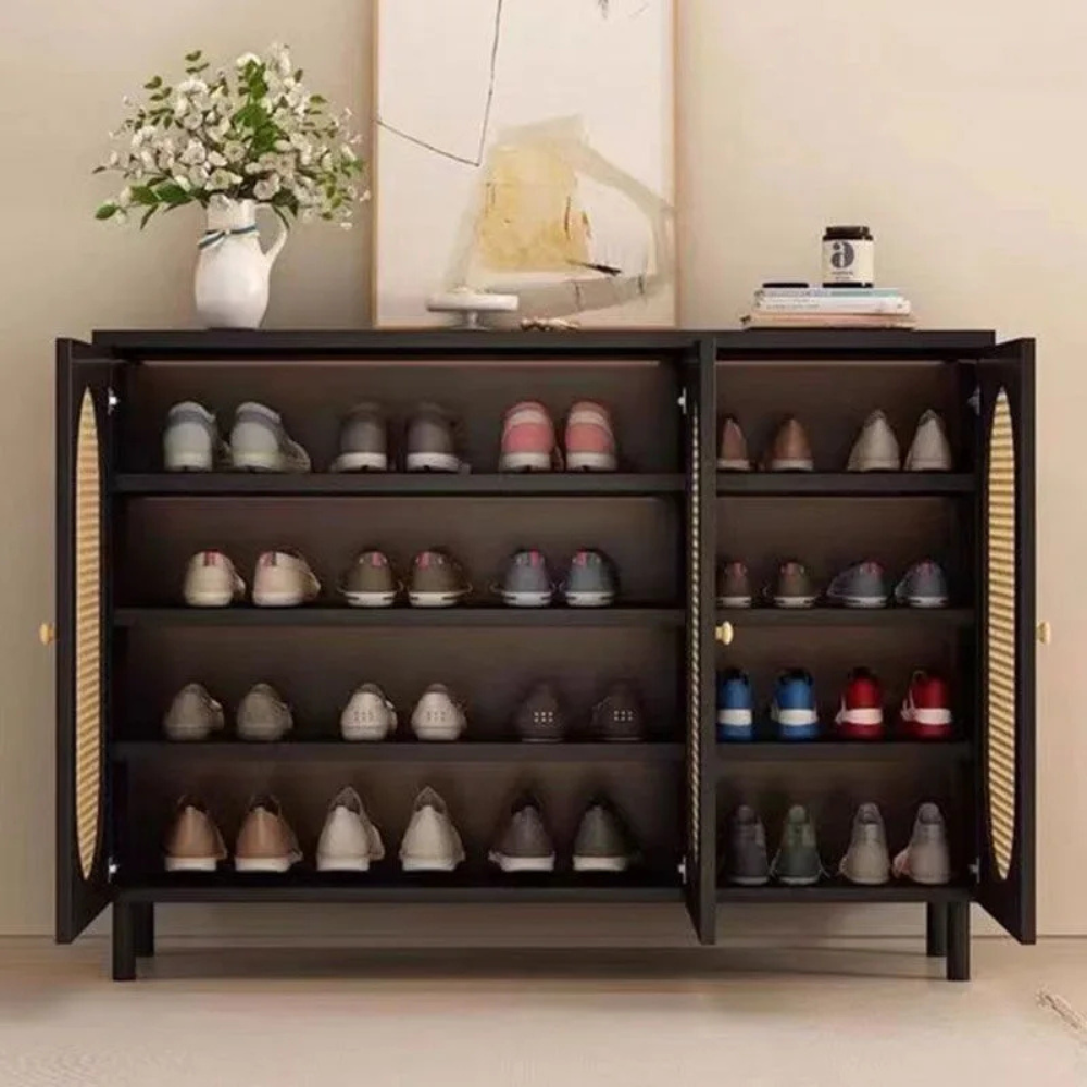 Modern Minimalist 4-Tier Shoe Storage Cabinet with Rattan & Glass Organizer for Entryway Shoe Storage