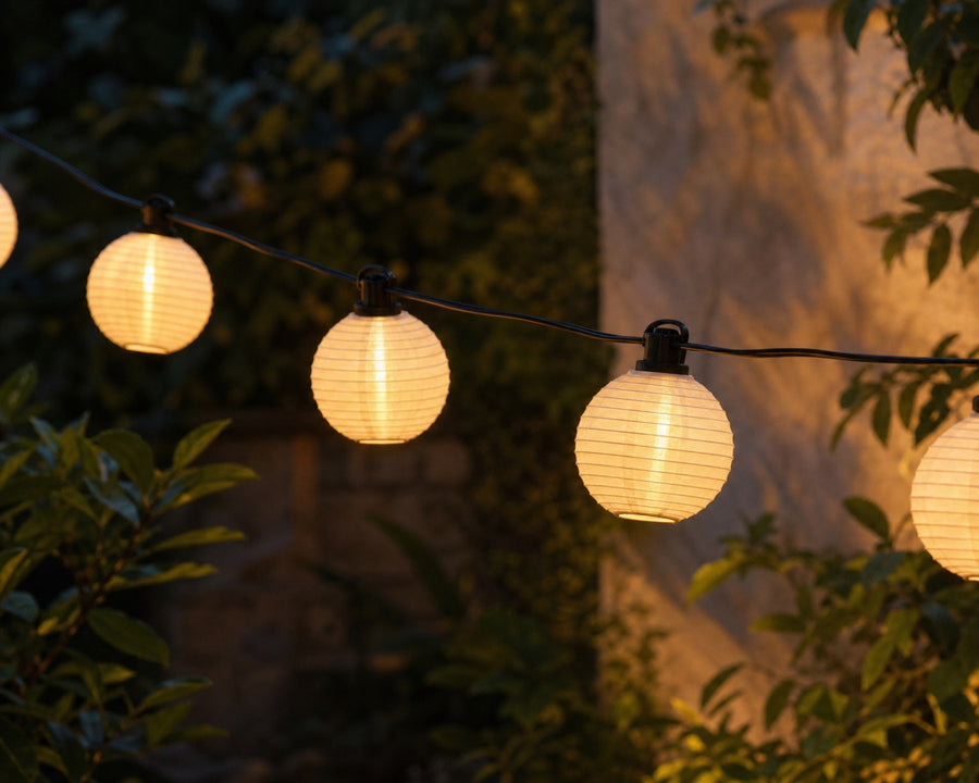 Close view of the art-deco fabric lantern shades