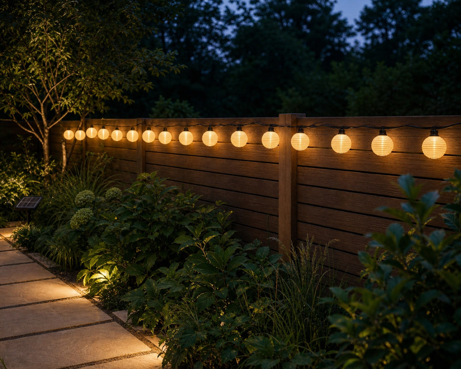 The string lights along a garden fence at dusk