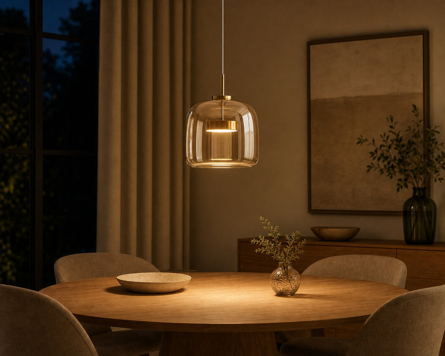 The amber glass shade glowing warm over a table
