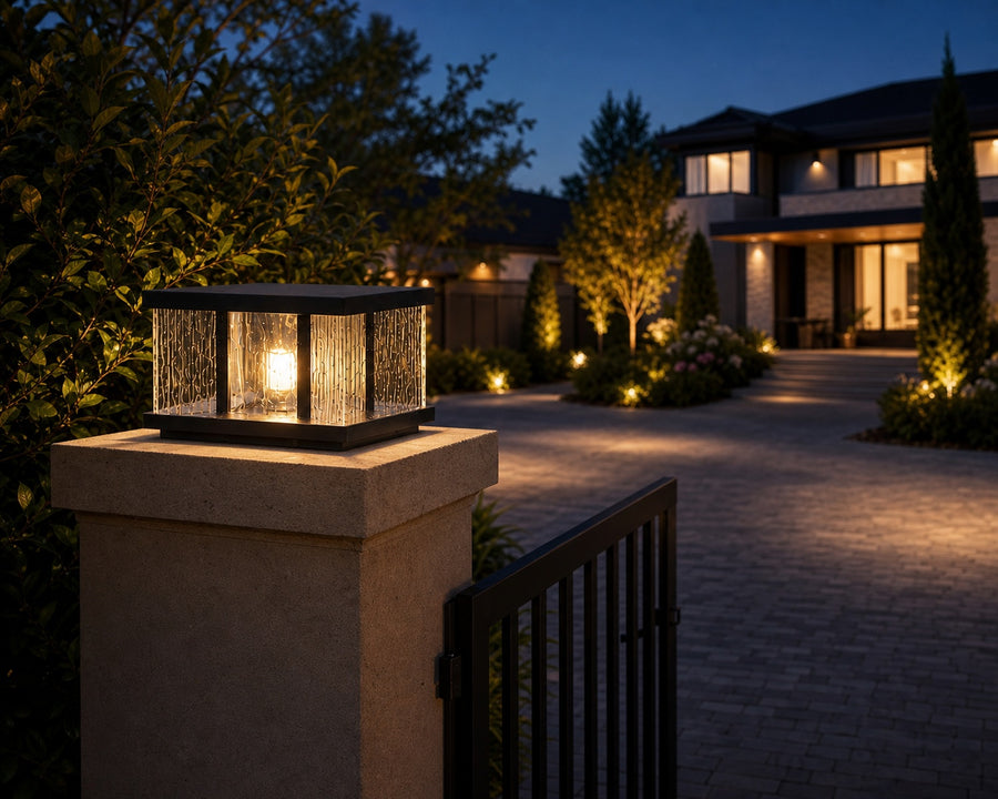 The pillar light on a gate post lighting a path