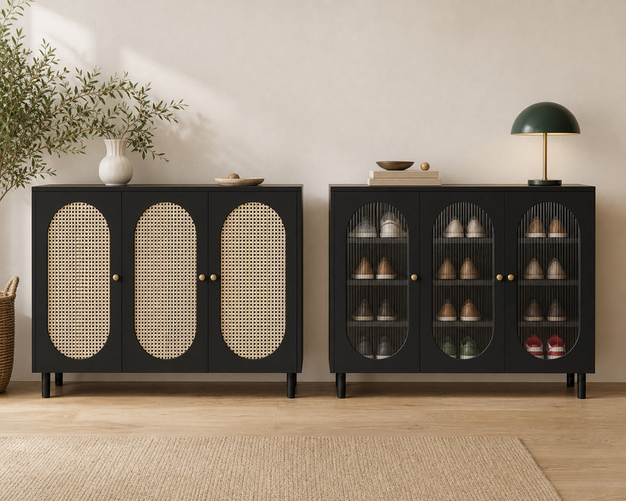 The rattan front and the glass front side by side