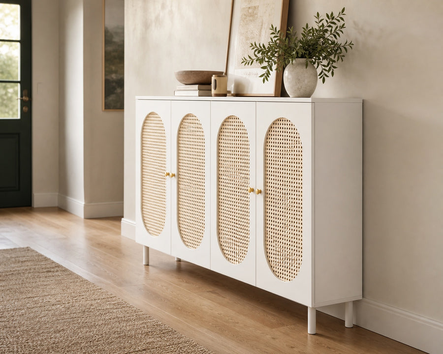 The cabinet against a hallway wall showing its slim depth