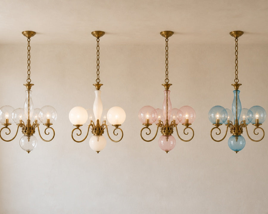 The chandelier in its four glass tints