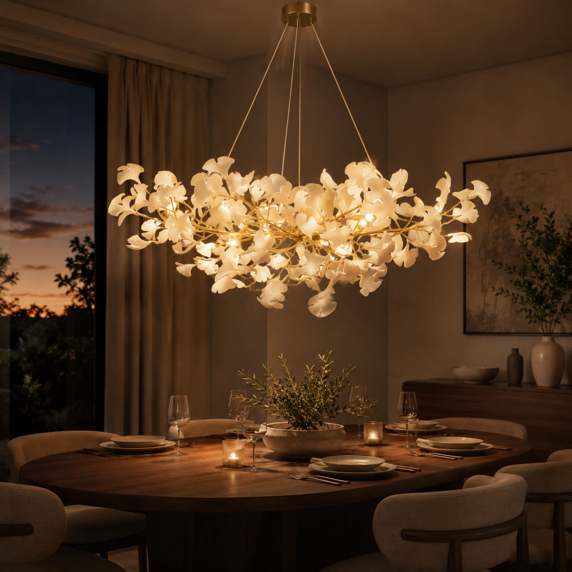 Gingko chandelier over a walnut dining table at dusk, gold branches
