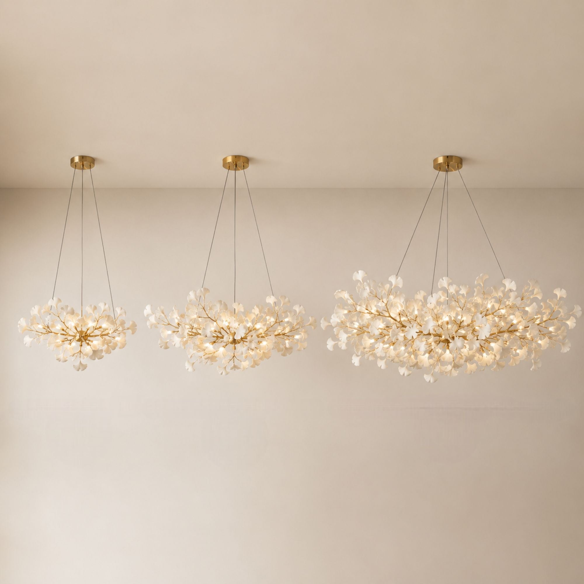 Gingko chandelier size range shown to scale