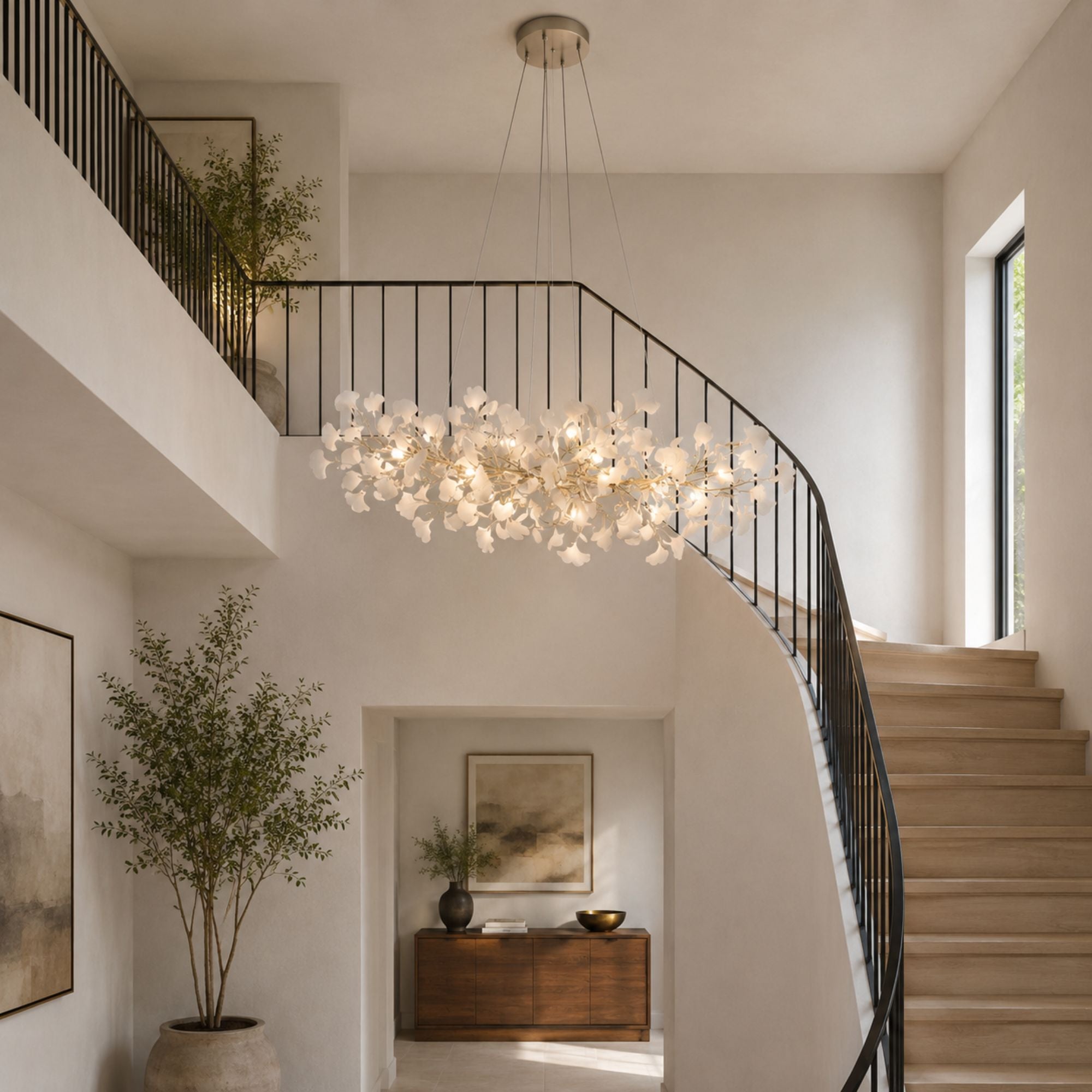 Gingko chandelier cascading down a bright stairwell, nickel branches