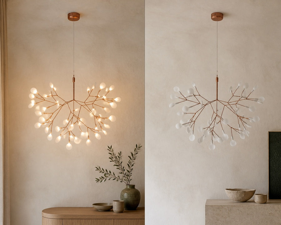 The round branch chandelier, lit and unlit