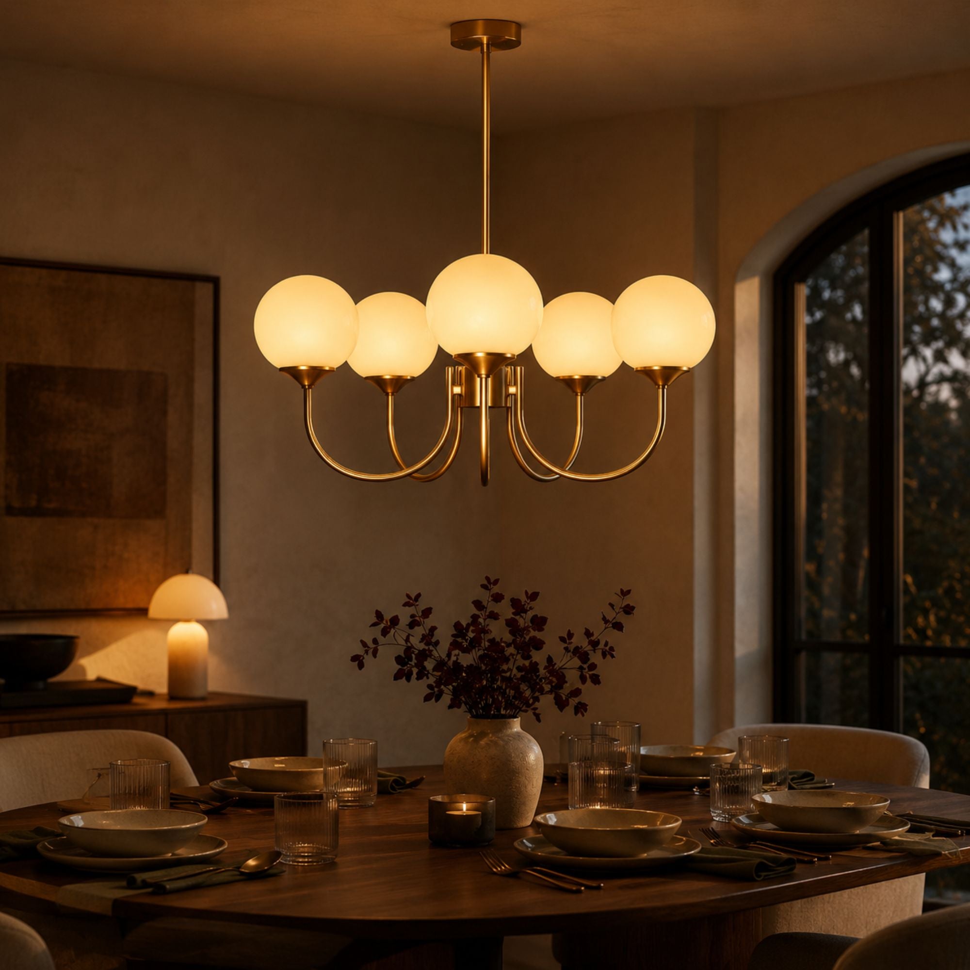 Marshmallow Chandelier — dining room context, full room view