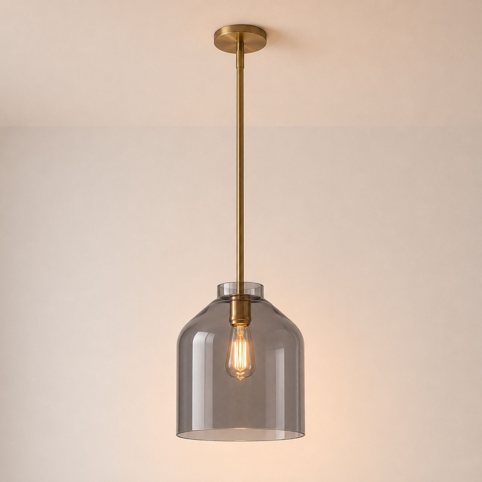 Nerys Pendant Light — 10.75in, Smoke Glass shade, Antique Brass finish