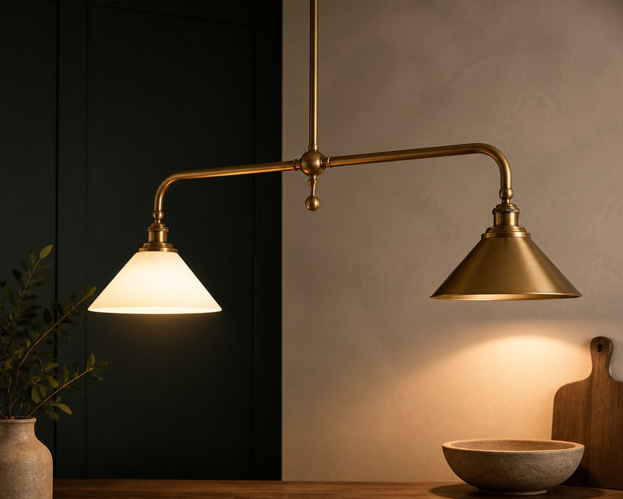 A ceramic shade glowing beside an aluminum shade aiming down
